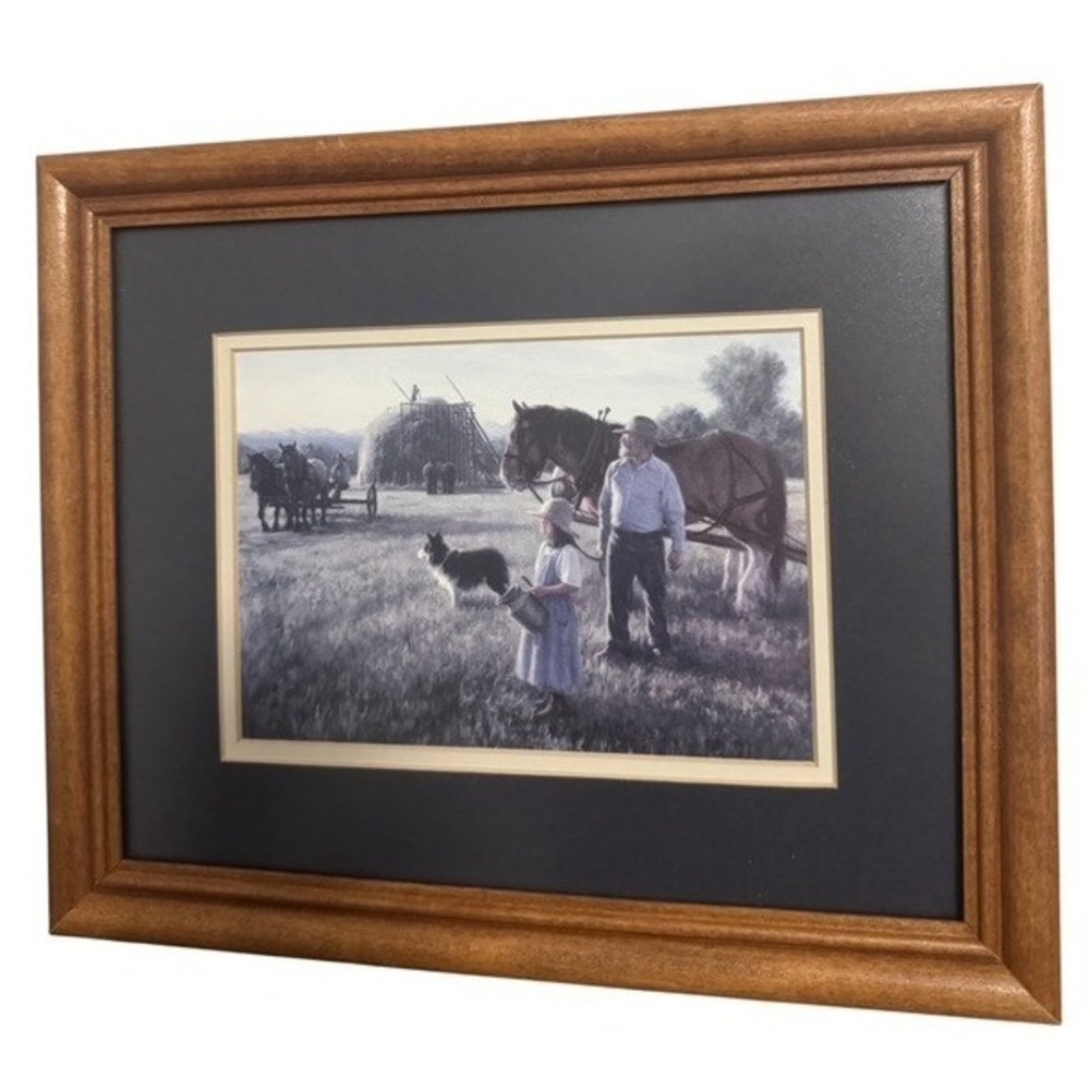 Farmhouse Brown Framed Art Horse Farmer Dog Scene Print 9.5x11.5